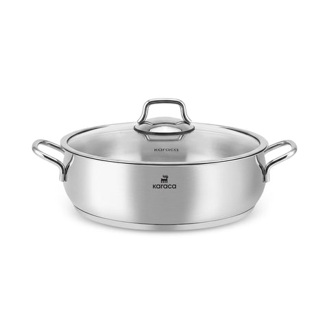 Karaca Emirgan Stainless Steel Shallow Casserole with Lid, 30 cm, Silver