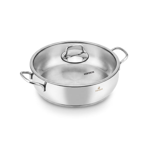 Karaca Emirgan Stainless Steel Shallow Casserole with Lid, 30 cm, Silver