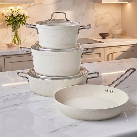 Karaca Granite Whitestone 7-teiliges Antihaft-Induktions-Kochgeschirr-Set, Weiß