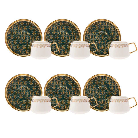 Karaca Verde 12 Piece Porcelain Espresso Turkish Coffee Cup Set for 6 People, 100ml, Multi