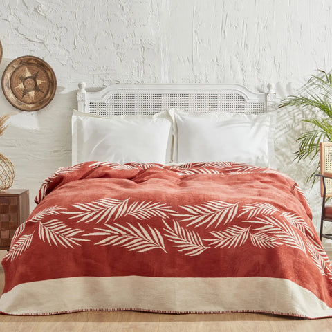 Karaca Home Leaf Double Baumwolldecke Terrakotta