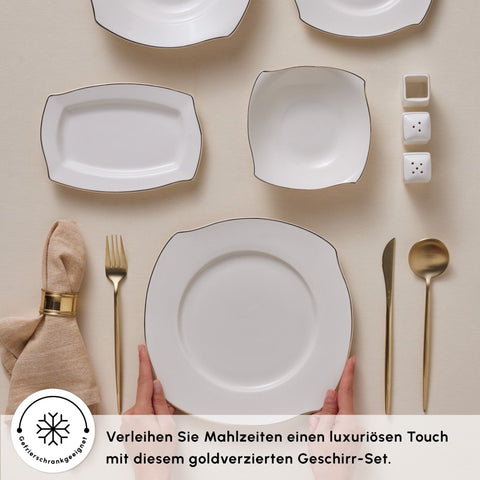 Karaca Square Bone Wave 53-Piece 12-Person Dinner Set Gold 